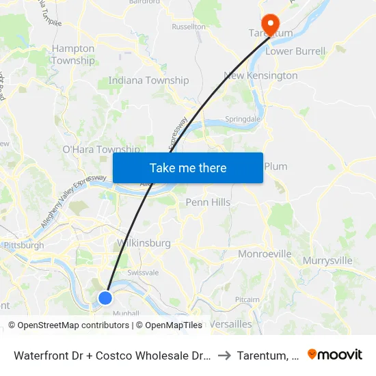 Waterfront Dr + Costco Wholesale Drvwy to Tarentum, PA map