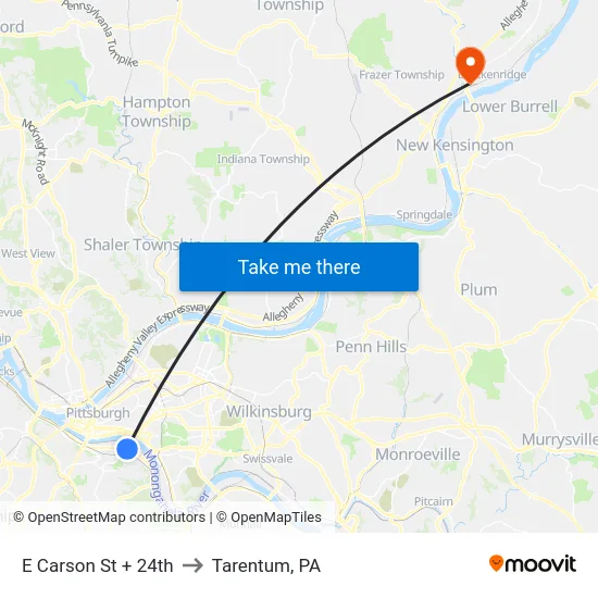 E Carson St + 24th to Tarentum, PA map