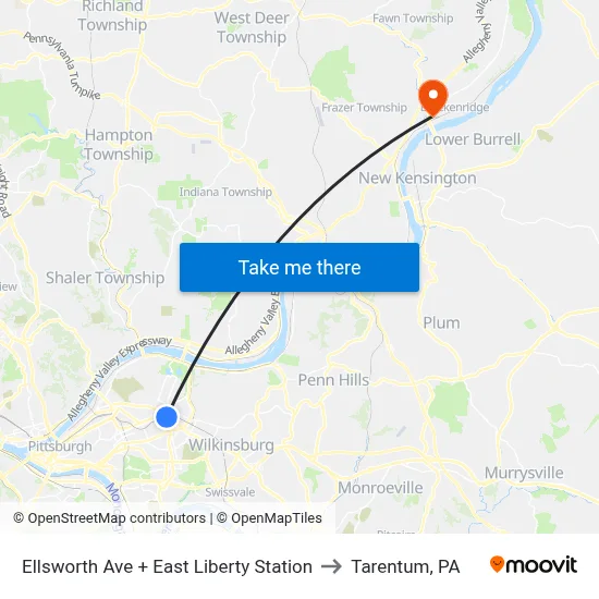 Ellsworth Ave + East Liberty Station to Tarentum, PA map