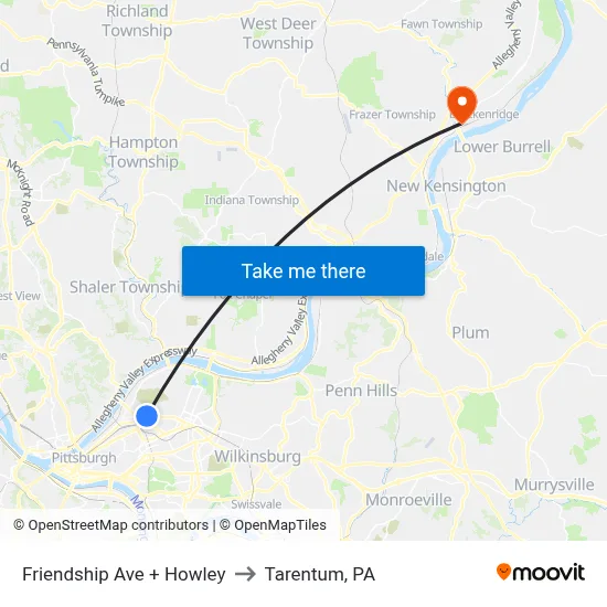 Friendship Ave + Howley to Tarentum, PA map