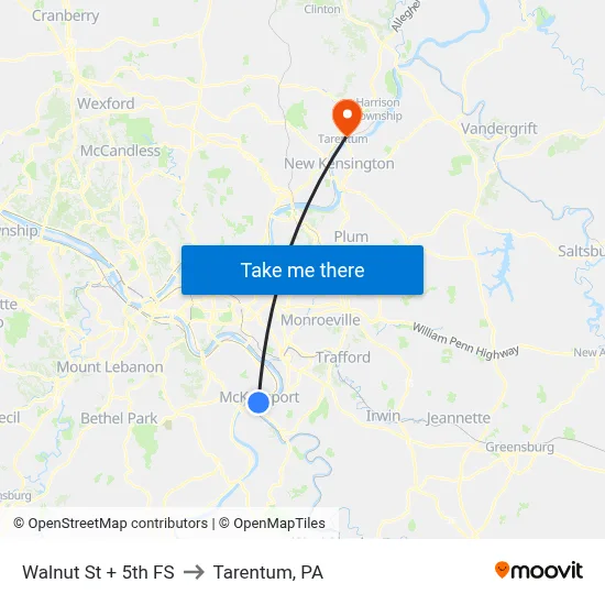 Walnut St + 5th FS to Tarentum, PA map