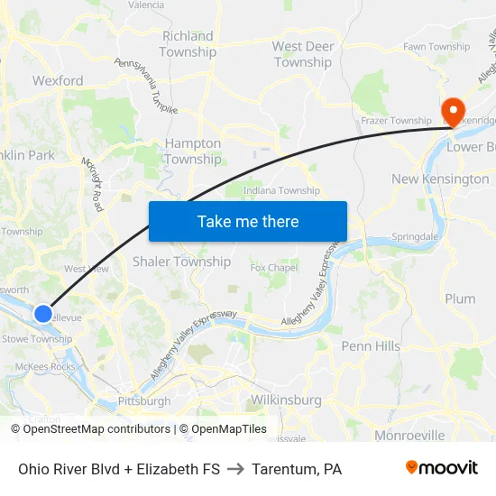 Ohio River Blvd + Elizabeth FS to Tarentum, PA map