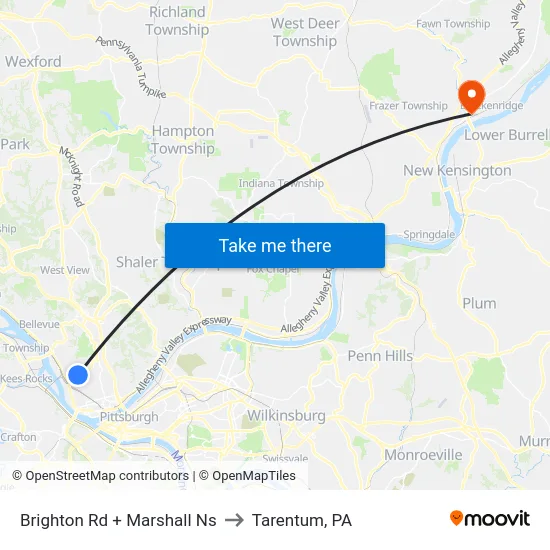 Brighton Rd + Marshall Ns to Tarentum, PA map