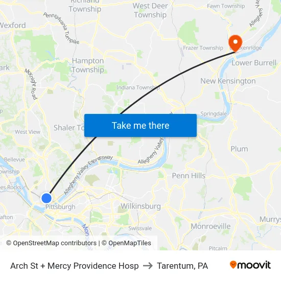 Arch St + Mercy Providence Hosp to Tarentum, PA map