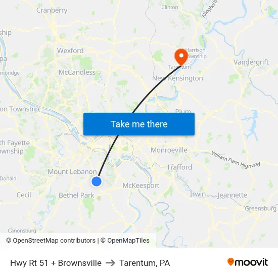 Hwy Rt 51 + Brownsville to Tarentum, PA map