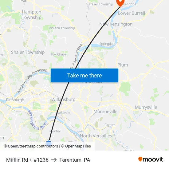 Mifflin Rd + #1236 to Tarentum, PA map