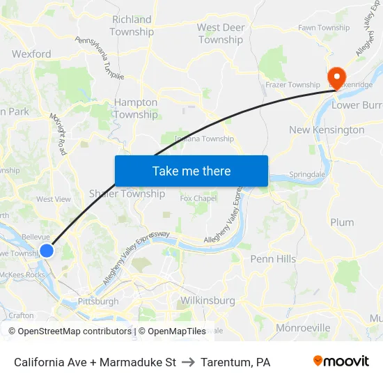 California Ave + Marmaduke St to Tarentum, PA map