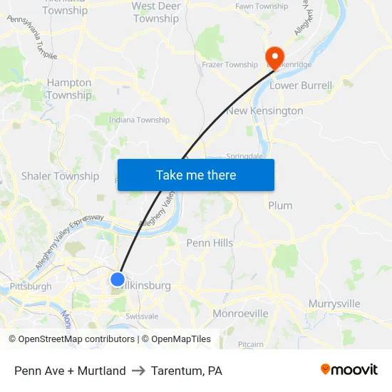 Penn Ave + Murtland to Tarentum, PA map
