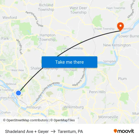Shadeland Ave + Geyer to Tarentum, PA map