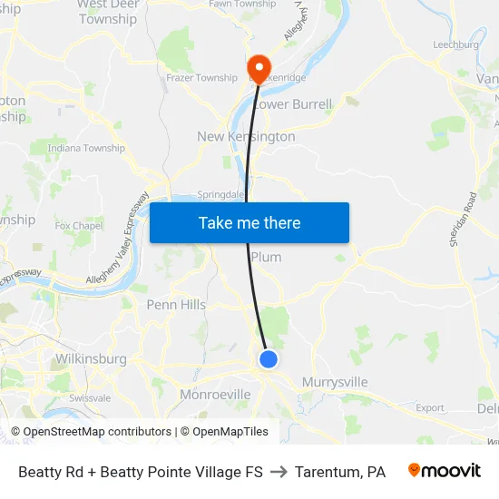 Beatty Rd + Beatty Pointe Village FS to Tarentum, PA map