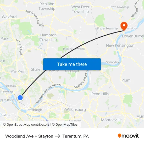Woodland Ave + Stayton to Tarentum, PA map
