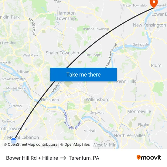 Bower Hill Rd + Hillaire to Tarentum, PA map