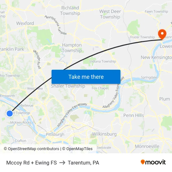 Mccoy Rd + Ewing FS to Tarentum, PA map