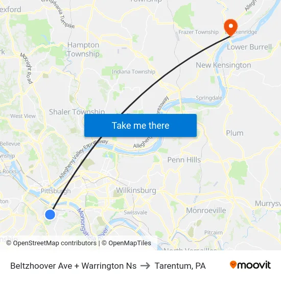Beltzhoover Ave + Warrington Ns to Tarentum, PA map