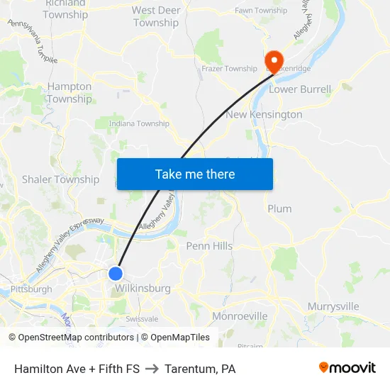 Hamilton Ave + Fifth FS to Tarentum, PA map
