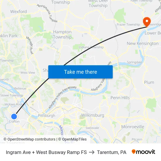 Ingram Ave + West Busway Ramp FS to Tarentum, PA map