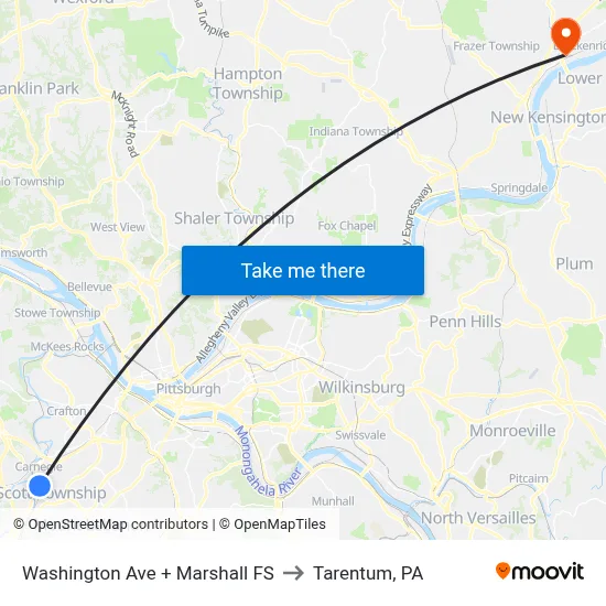 Washington Ave + Marshall FS to Tarentum, PA map