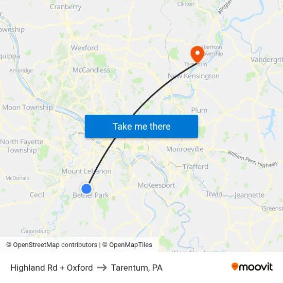 Highland Rd + Oxford to Tarentum, PA map