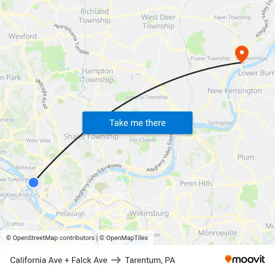 California Ave + Falck Ave to Tarentum, PA map