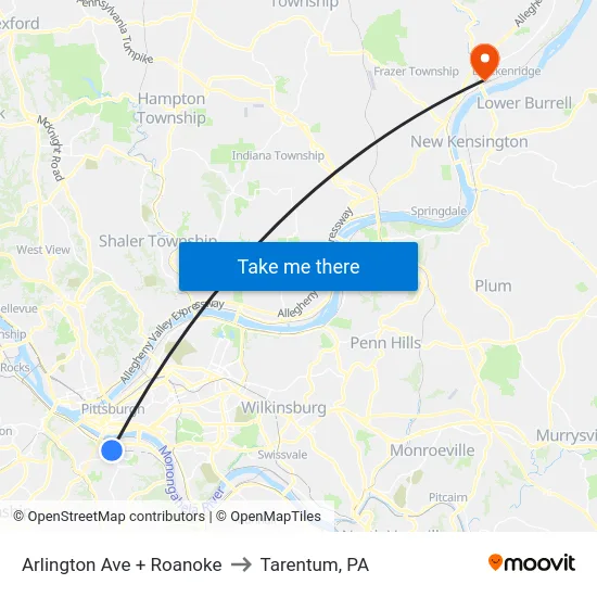 Arlington Ave + Roanoke to Tarentum, PA map