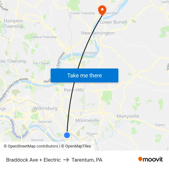 Braddock Ave + Electric to Tarentum, PA map