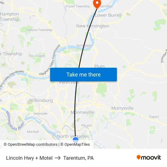 Lincoln Hwy + Motel to Tarentum, PA map