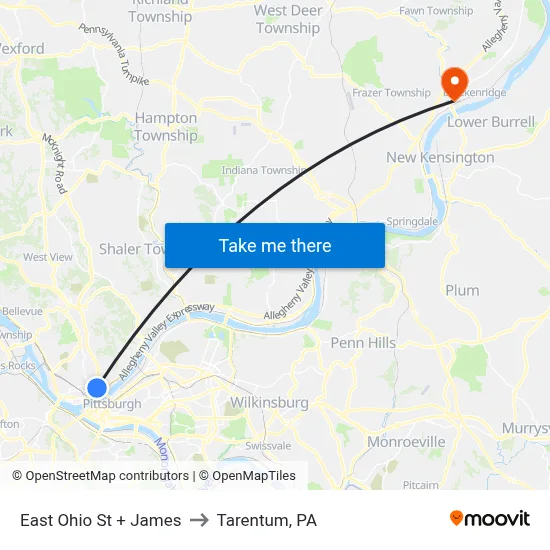 East Ohio St + James to Tarentum, PA map