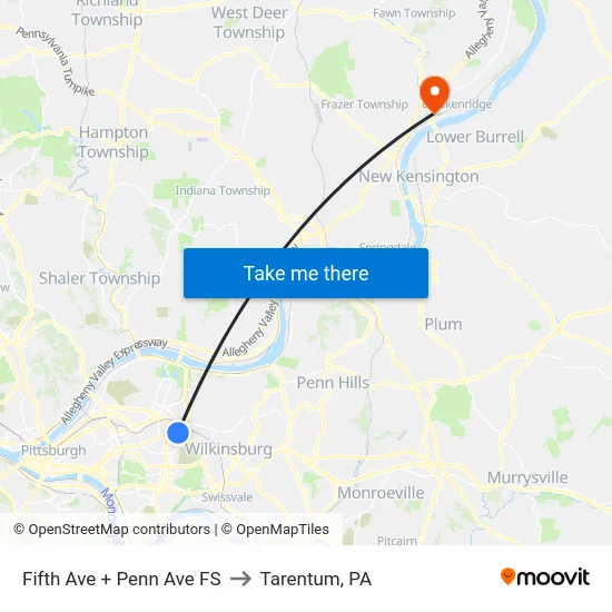 Fifth Ave + Penn Ave FS to Tarentum, PA map