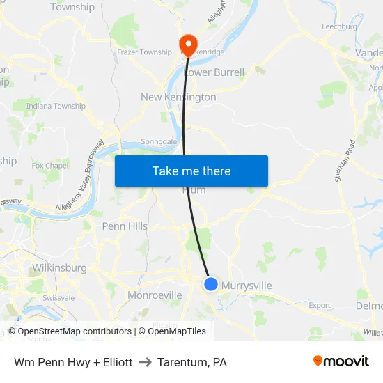 Wm Penn Hwy + Elliott to Tarentum, PA map