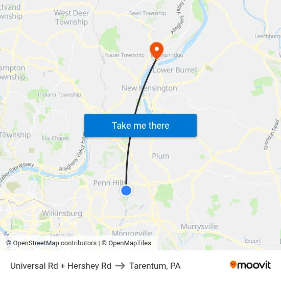 Universal Rd + Hershey Rd to Tarentum, PA map