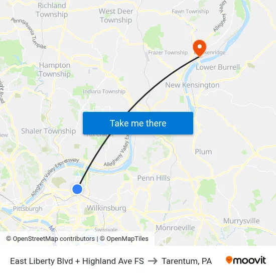 East Liberty Blvd + Highland Ave FS to Tarentum, PA map
