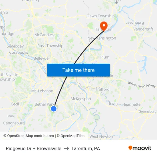 Ridgevue Dr + Brownsville to Tarentum, PA map