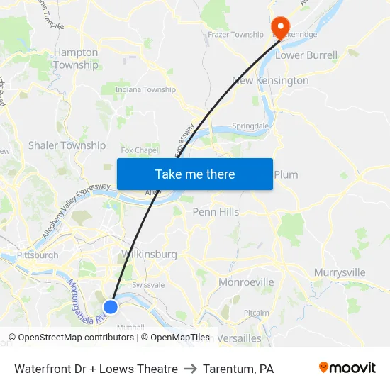 Waterfront Dr + Loews Theatre to Tarentum, PA map