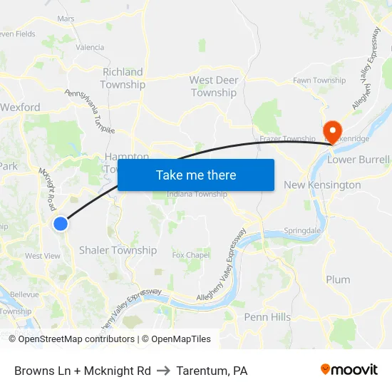 Browns Ln + Mcknight Rd to Tarentum, PA map