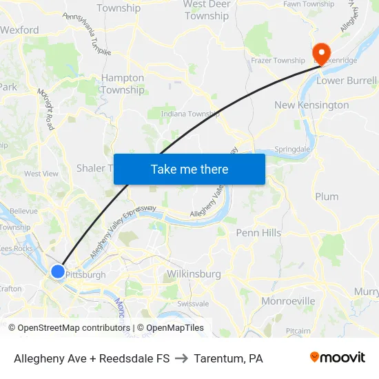 Allegheny Ave + Reedsdale FS to Tarentum, PA map