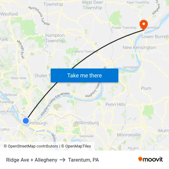 Ridge Ave + Allegheny to Tarentum, PA map