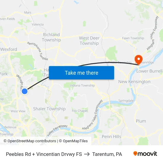 Peebles Rd + Vincentian Drvwy FS to Tarentum, PA map