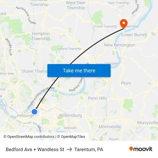 Bedford Ave + Wandless St to Tarentum, PA map
