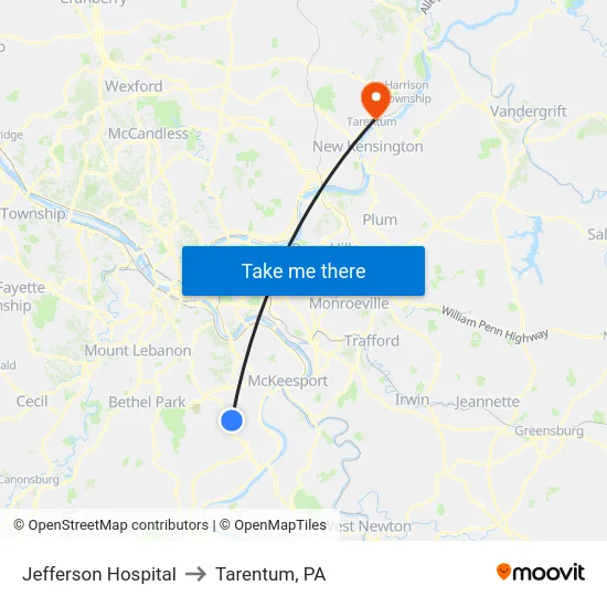Jefferson Hospital to Tarentum, PA map