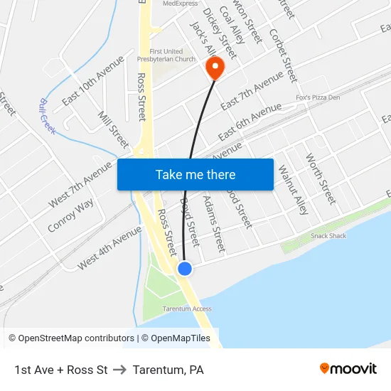 1st Ave + Ross St to Tarentum, PA map