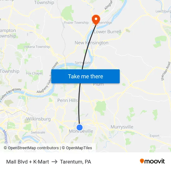 Mall Blvd + K-Mart to Tarentum, PA map