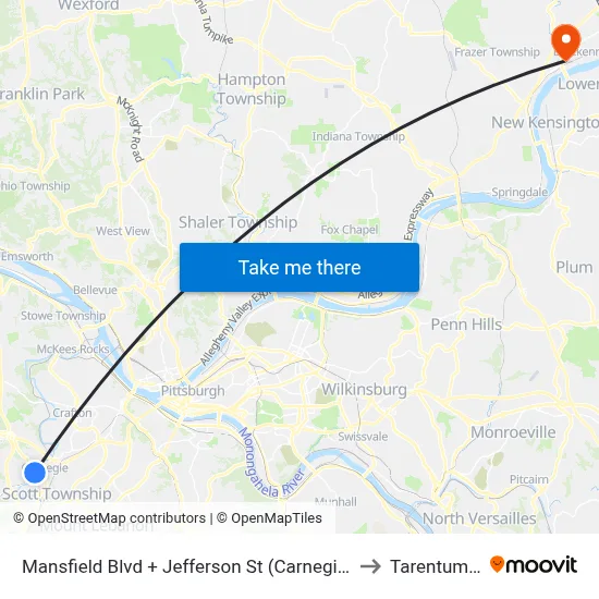 Mansfield Blvd + Jefferson St (Carnegie Station) to Tarentum, PA map
