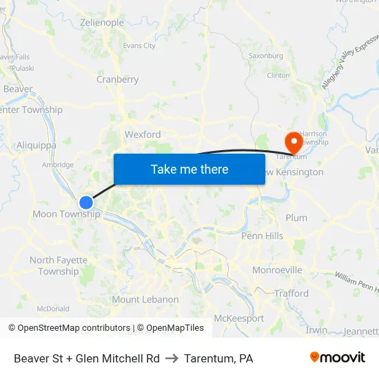Beaver St + Glen Mitchell Rd to Tarentum, PA map