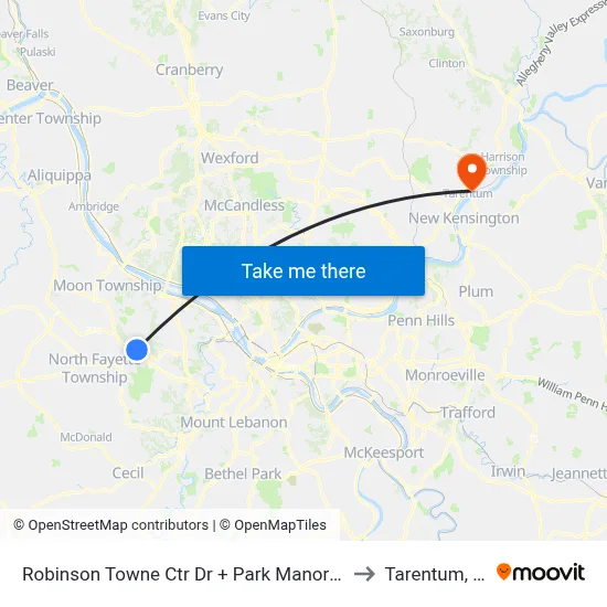 Robinson Towne Ctr Dr + Park Manor Blvd to Tarentum, PA map