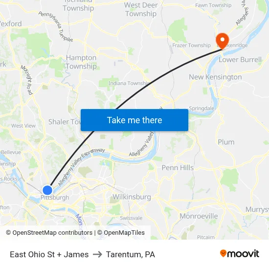 East Ohio St + James to Tarentum, PA map