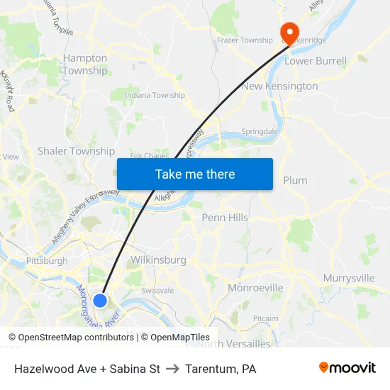 Hazelwood Ave + Sabina St to Tarentum, PA map