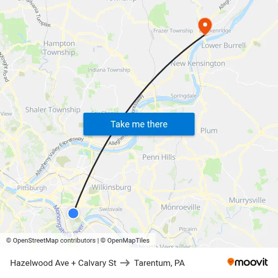 Hazelwood Ave + Calvary St to Tarentum, PA map