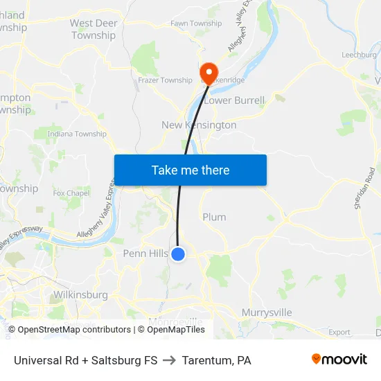 Universal Rd + Saltsburg FS to Tarentum, PA map