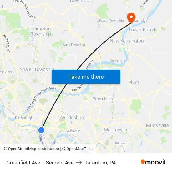 Greenfield Ave + Second Ave to Tarentum, PA map
