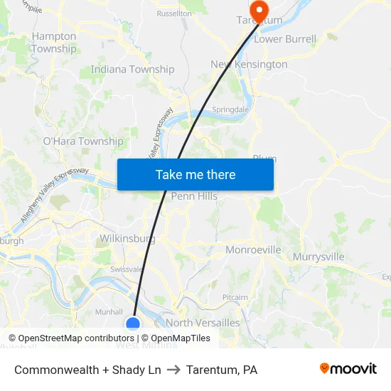 Commonwealth + Shady Ln to Tarentum, PA map